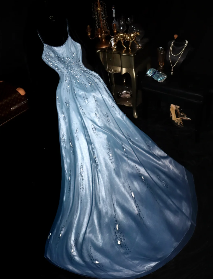 Glamorous Spaghetti Straps Blue Satin Tulle Beaded Mermaid Evening Dress Long Party Gowns