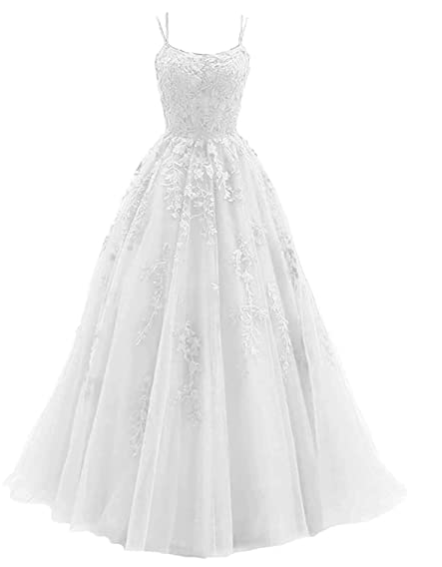 Green spaghetti strap prom dress, long tulle lace appliquéd women's party dress