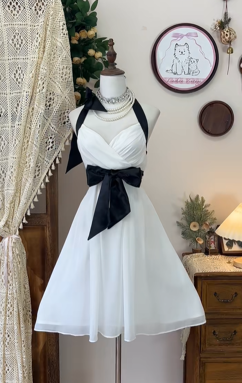 Simple White Halter Chiffon A Line Homecoming Dress Short Party Dress With Bow