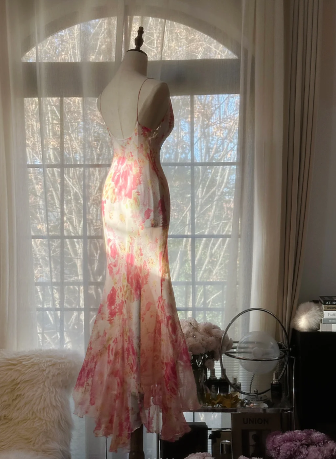 Glamorous Spaghetti Straps Chiffon Print Floral Mermaid Evening Dress Pink Long Party Dress