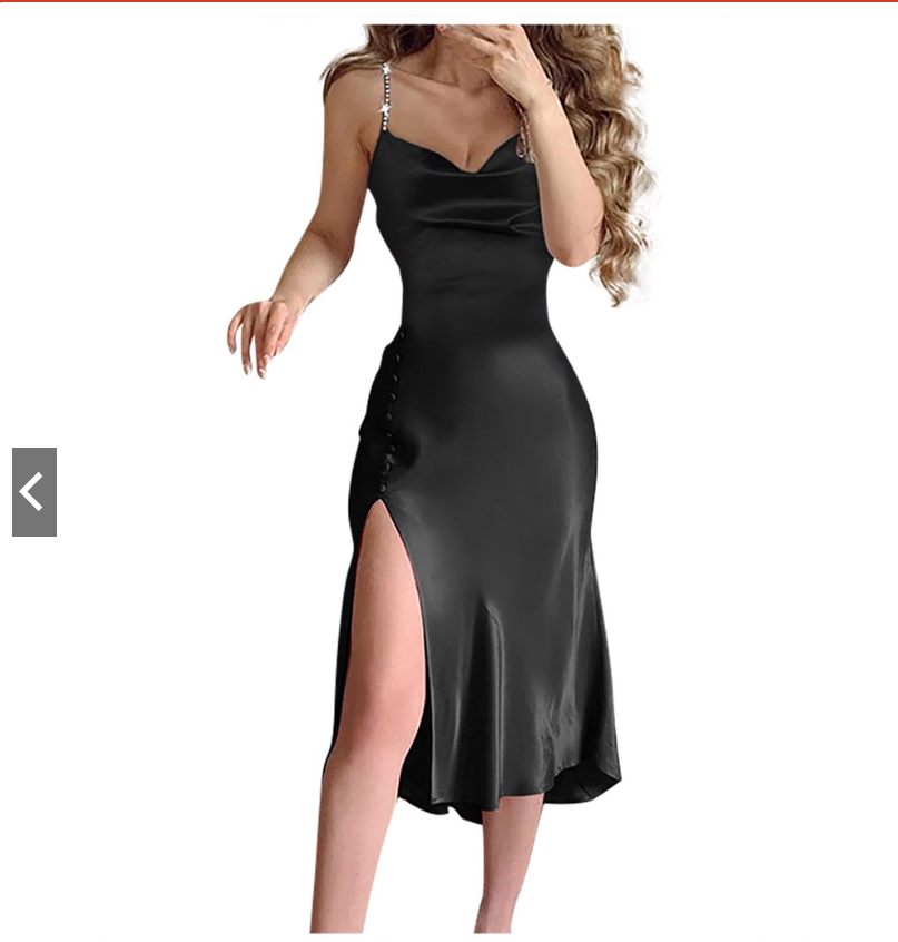 Studded Strap Buttoned Cowl Neck High Slit Satin Dress Party Dress