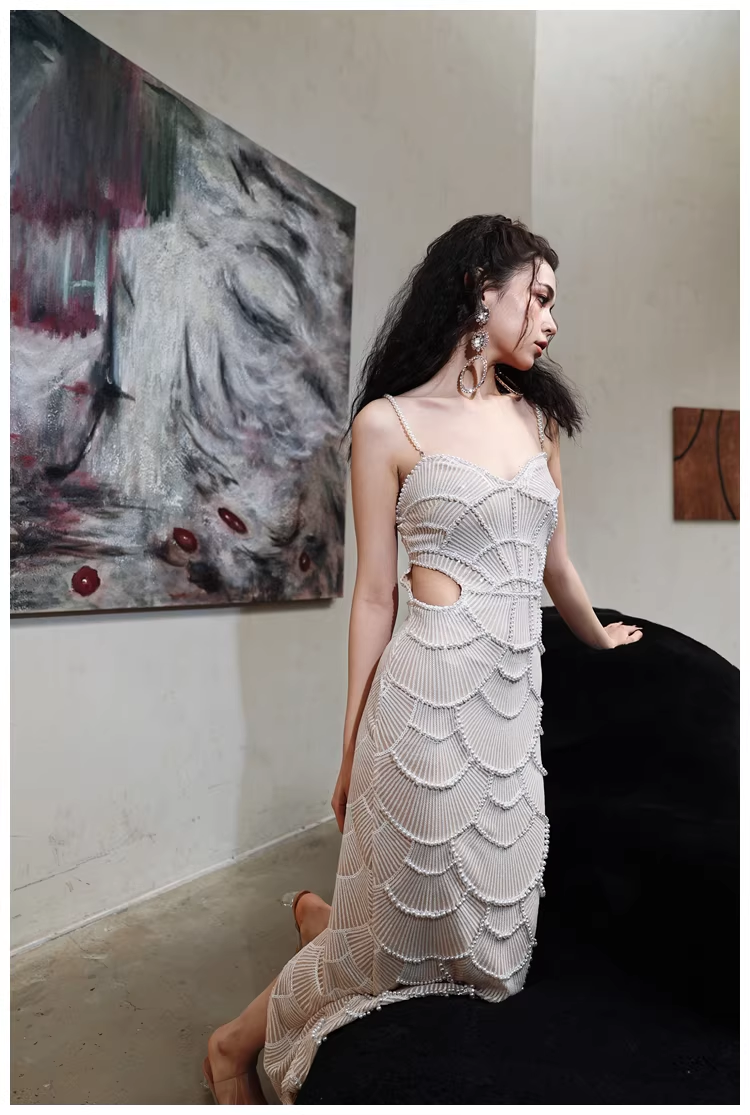 Unique Spaghetti Straps Sequin Pearls Sheath Slit Long Party Dress Birthday Evening Gown