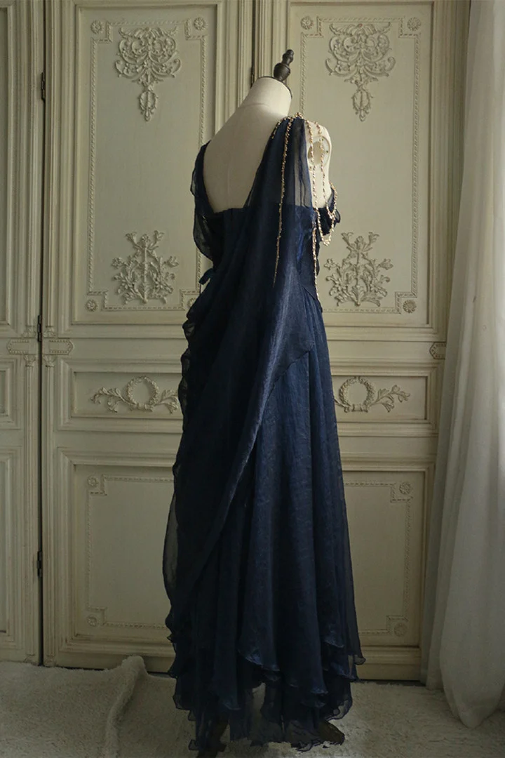 Unique Navy Blue Chiffon Party Dress,A Line Evening Dress
