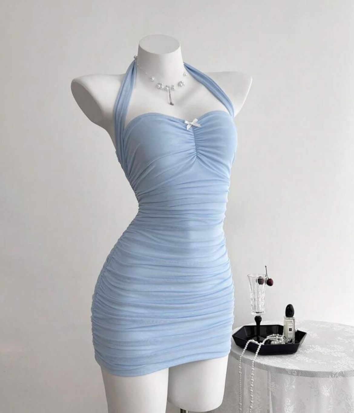 Sexy Sweetheart Neck Halter Sheath Cocktail Dress Blue Short Travel Vacation Dress