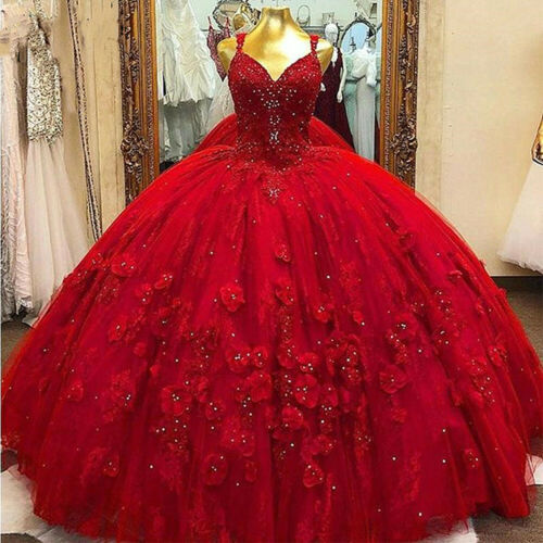 Red V Neck Quinceanera Dresses Spaghetti Straps Beads Flower Sweet 15 Party Gown