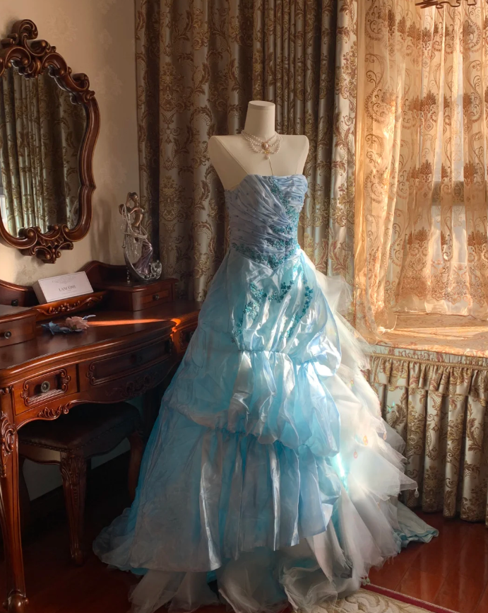 Elegant Blue Strapless Tulle Satin Appliques Long Party Dress Birthday Prom Gown