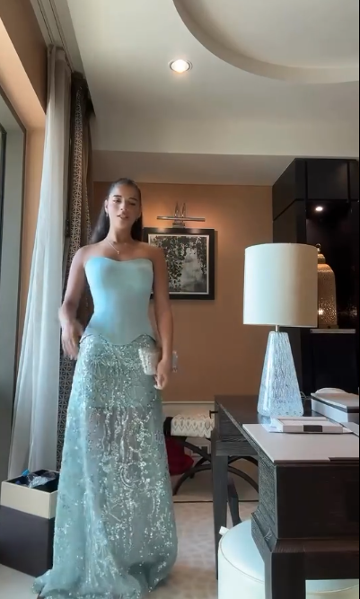 Pretty Blue Strapless Satin Sequin Long Prom Dress Formal Party Dress