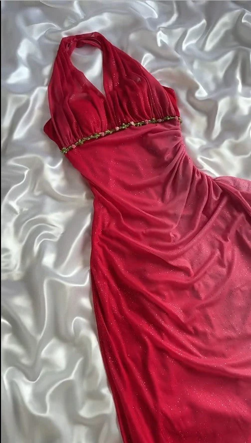 Classy Ombre Pink Halter Chiffon Ruffles Sheath Party Dress Glitter Long Prom Dress