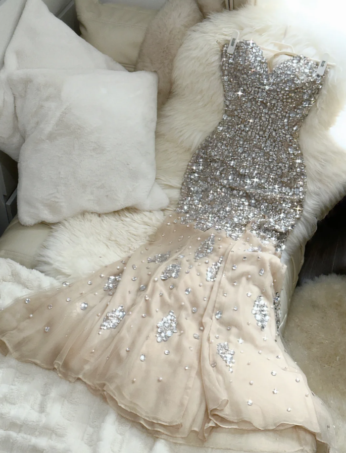 Vintage Strapless Apricot Chiffon Beaded Mermaid Long Party Dress Evening Dress