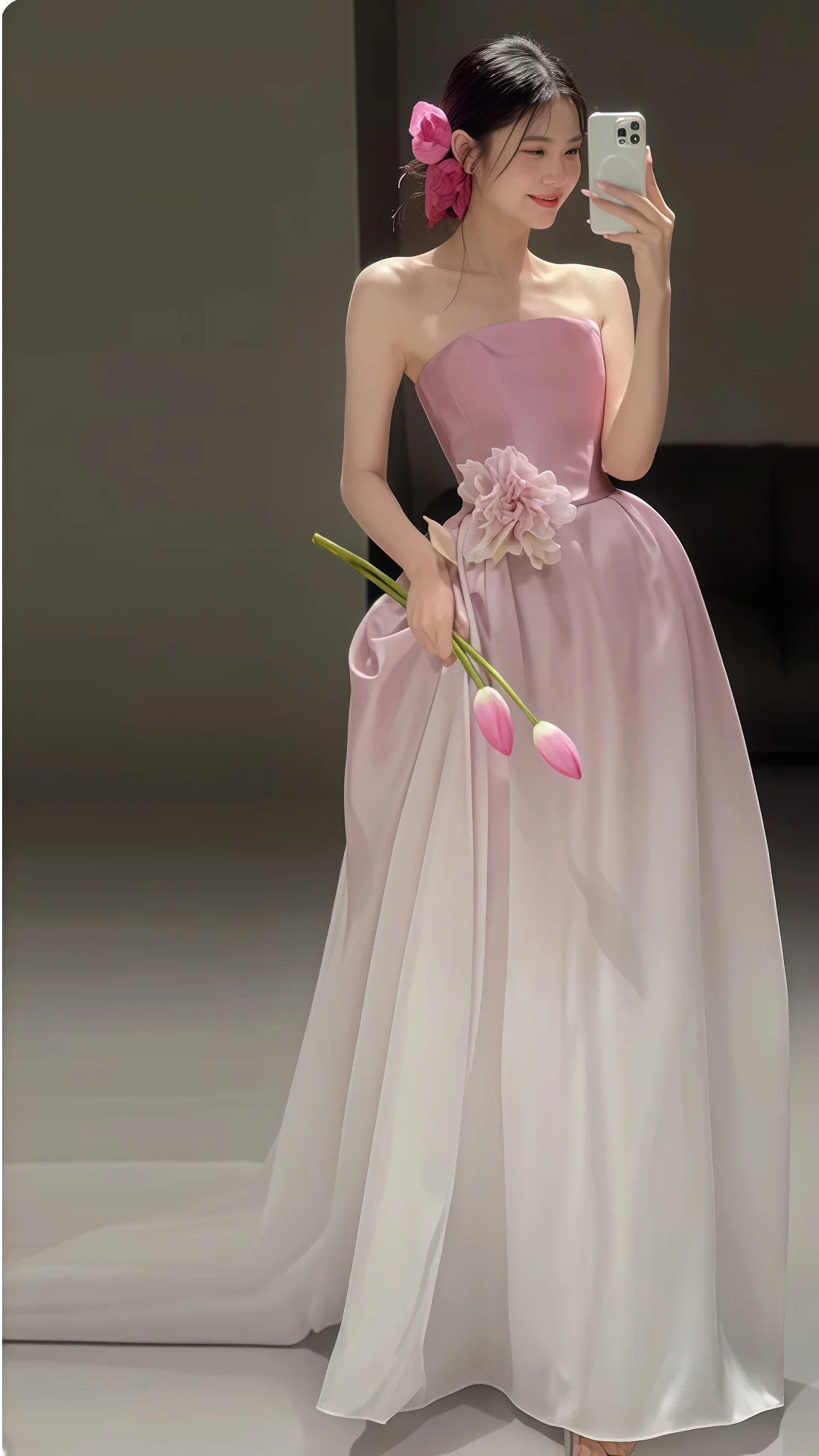Fairy Ombre Pink Strapless Party Evening Dress,Formal Prom Dress With Flowers