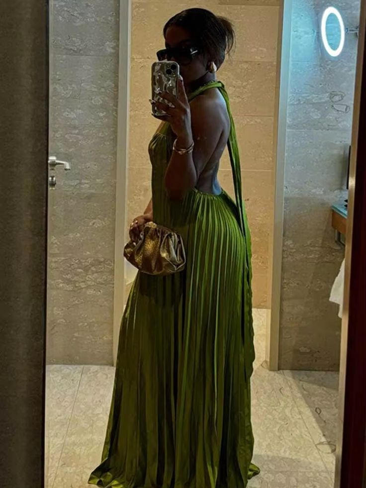 Unique Halter V Neck Pleated Floor Length Green Prom Dress,Party Evening Dress