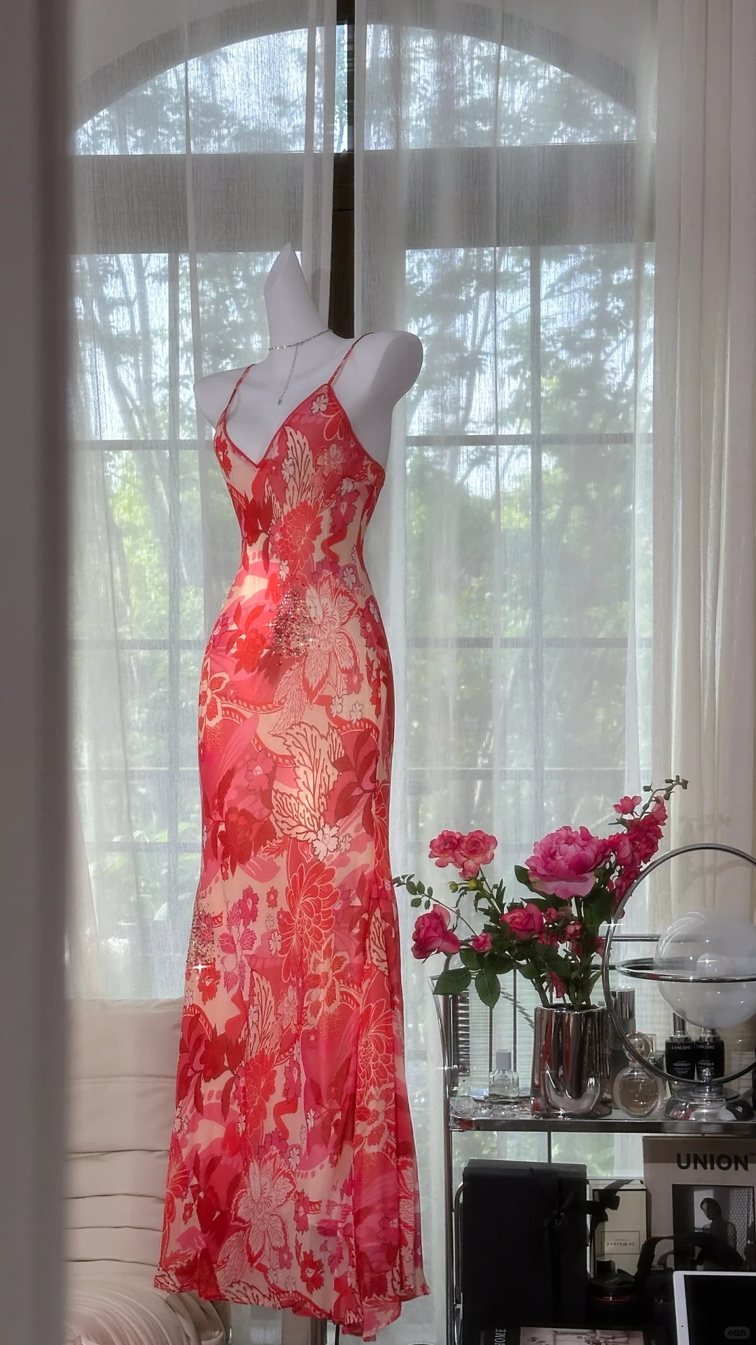 Pretty Spaghetti Straps V Neck Red Chiffon Print Floral Mermaid Evening Dress Long Birthday Prom Gown