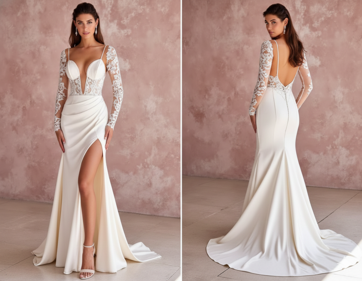 Tea Rose Sleeve Wedding Dress Floral Long Lace Bridal Gown
