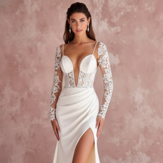 Tea Rose Sleeve Wedding Dress Floral Long Lace Bridal Gown