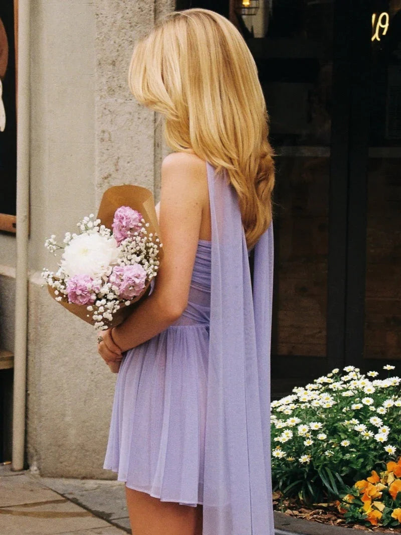 Trendy A Line Sweetheart Lilac Tulle Short Homecoming Dress with Scarf