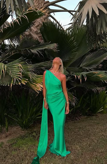 Sexy Green One Shoulder Satin Long Prom Dress,Formal Party Evening Gown