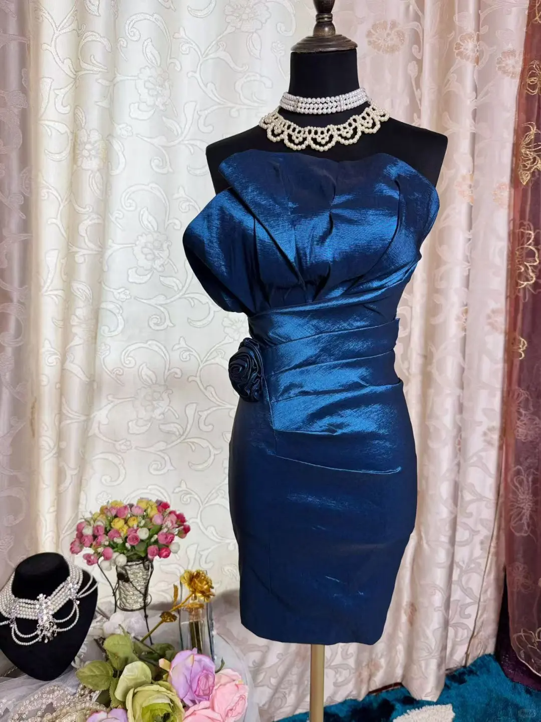 Vintage Strapless Blue Satin Sheath Homecoming Dress Cocktail Dress