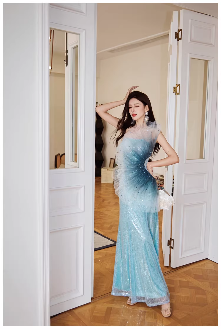 Glamorous Blue Tulle Sequin Mermaid Long Evening Dress Formal 19th Birthday Outfits With Beads