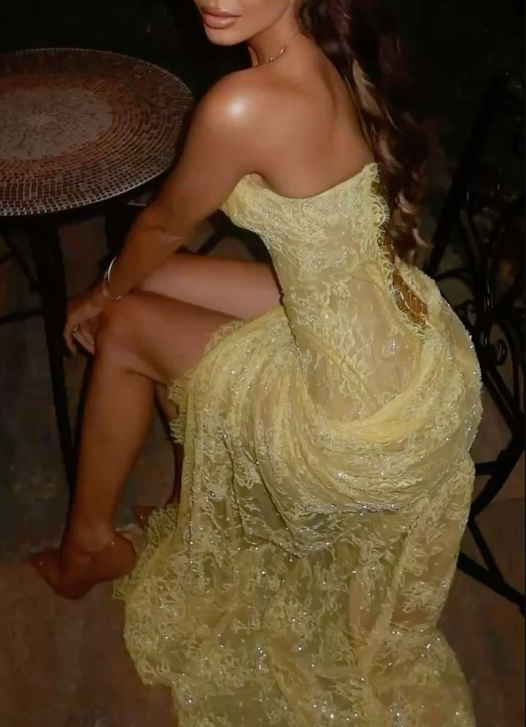 Sexy Strapless Yellow Lace Sequin High Slit Pleated Prom Gown Long Mermaid Party Dress