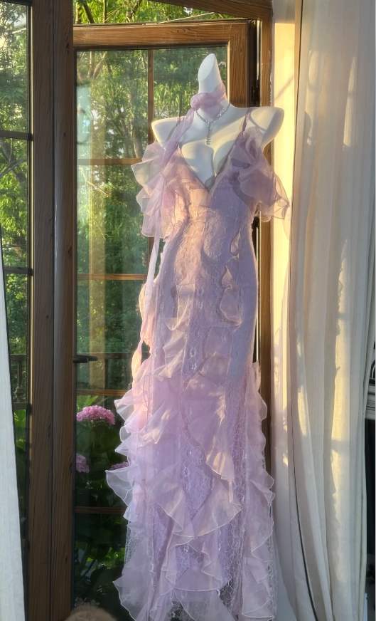 Classy Pink Spaghetti Straps V Neck Lace Chiffon Ruffle Mermaid Evening Dress Long Party Dress with Ribbon