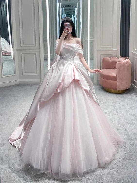 Off The Shoulder Pink A-line Ball Gown,18th Quinceanera Dress