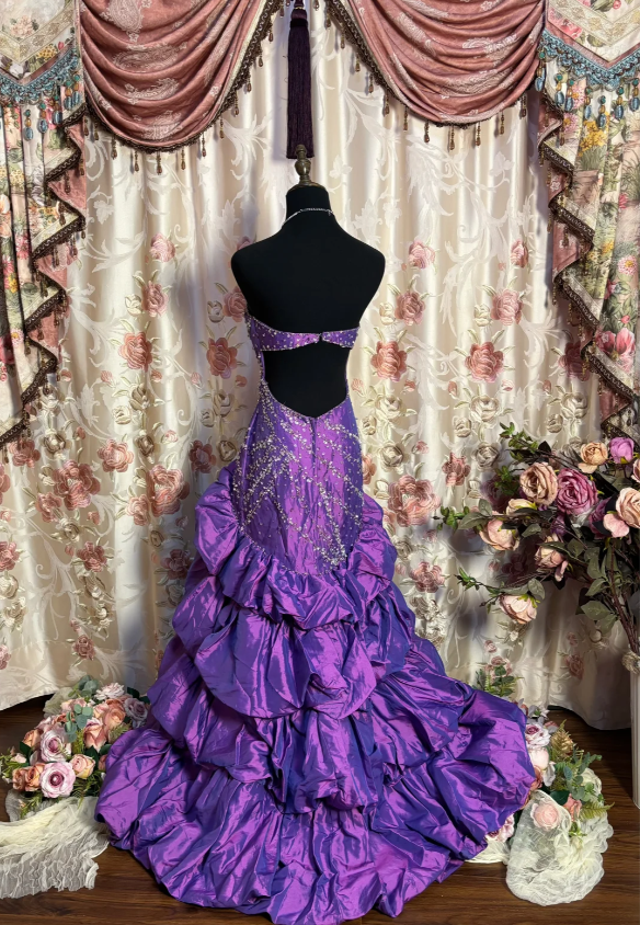 Vintage Purple Strapless Satin Beaded Mermaid Long Party Dress Evening Dress