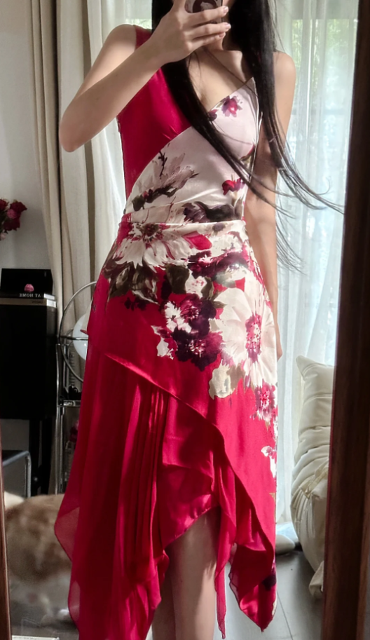 Charming Red V Neck Satin Floral Chiffon Mermaid Long Party Dress Birthday Dress