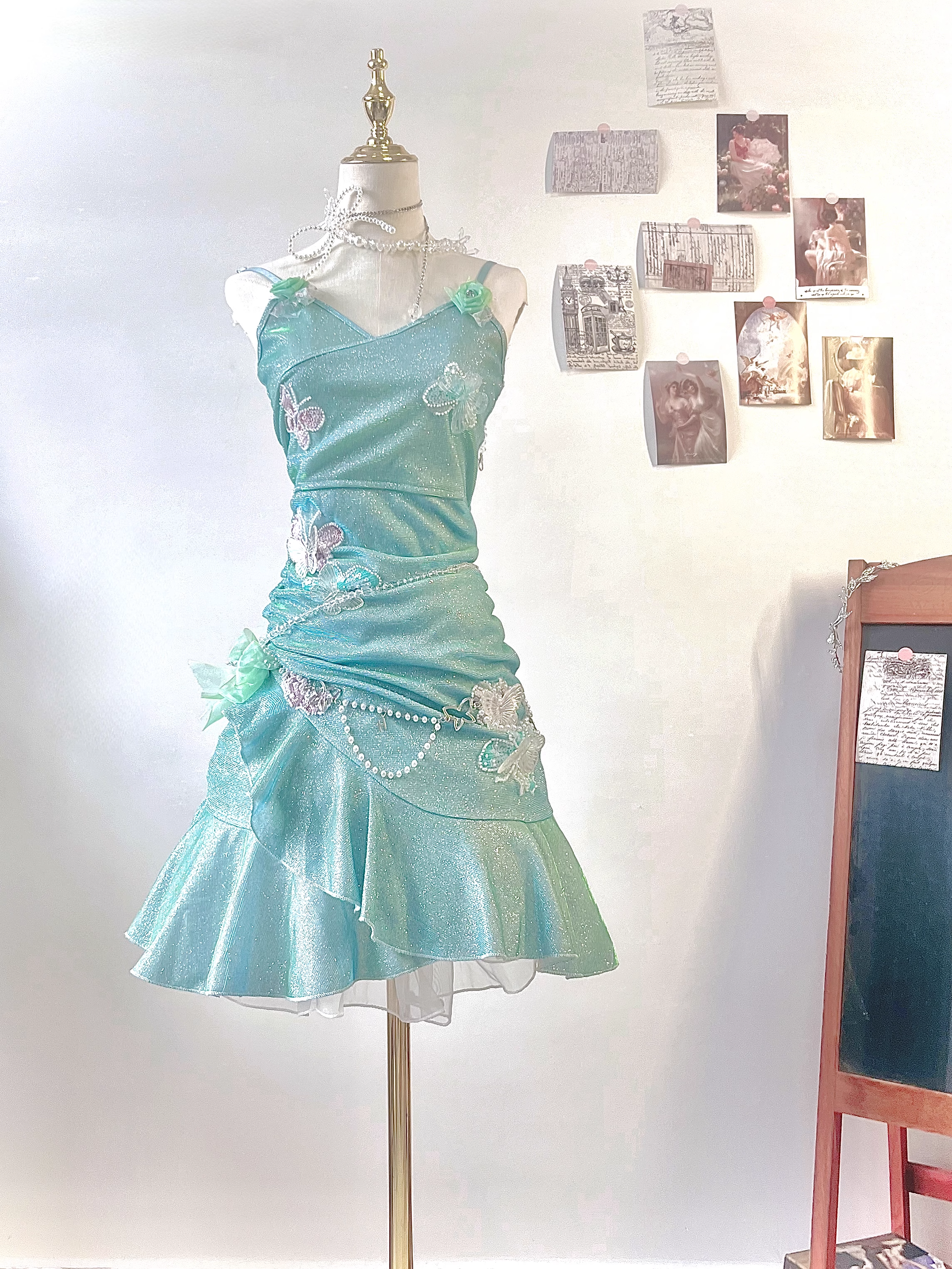 Glitter Mint Green Spaghetti Straps Sequin Ruffles Birthday Outfits Graduation Homecoming Dress