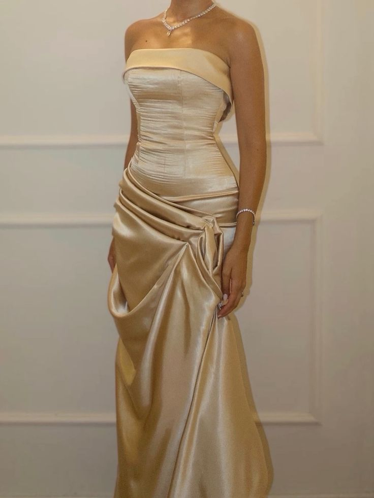 Trendy Champagne Strapless Satin Pleated Mermaid Evening Dress Formal Wedding Guest Dress