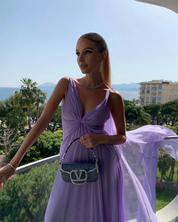 Sexy V Neck Lilac Tulle Prom Dress Long Party Evening Gown