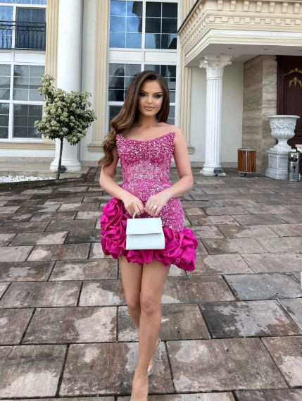 Gorgeous Strapless Satin Beaded Pleated Cocktail Dress Hot Pink Sheath Homecoming Dress