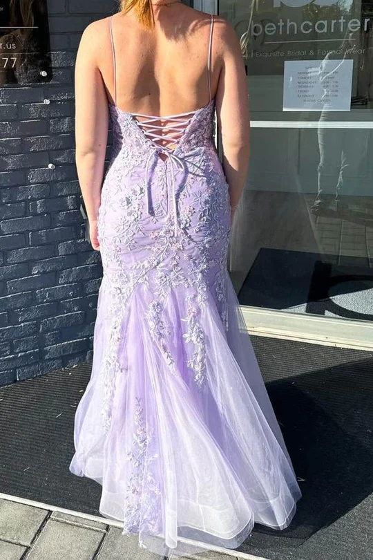 Lavender Tulle Lace Appliques Mermaid Prom Dress,Spaghetti Straps Evening Dress