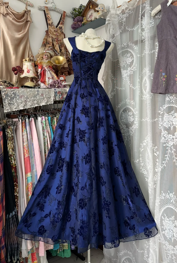 Retro Navy Blue A Line Tulle Rose Floral Long Party Dress Evening Dress