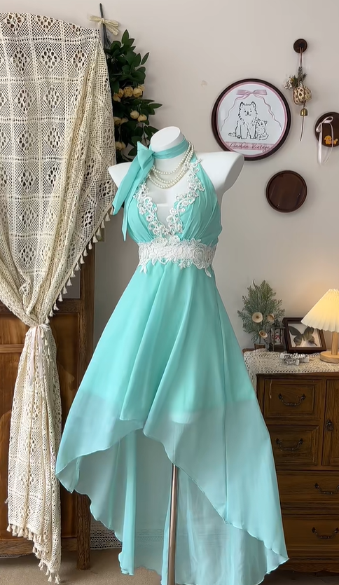 Vintage Hi-Low Chiffon Appliques Party Dress A Line Homecoming Dress