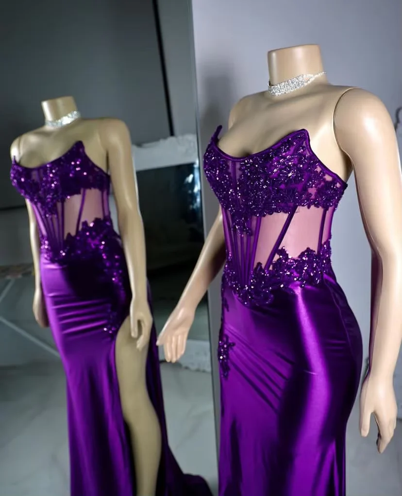 Luxury Purple Satin Lace Appliques Evening Dress,Mermaid Slit Party Prom Dress
