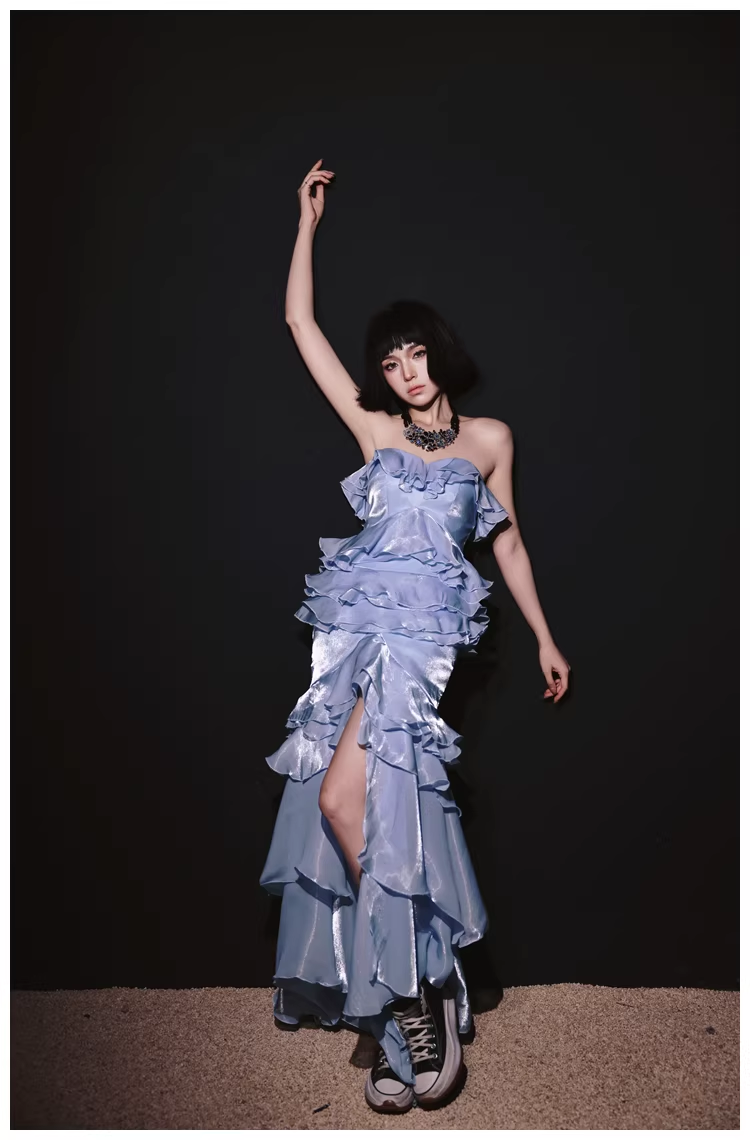 Glamorous Strapless Blue Satin Ruffles Layered mermaid Slit Evening Dress Long Party Dress