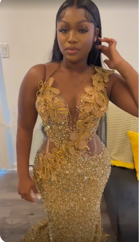 Gorgeous Gold Sequins Appliques Prom Dress Formal Mermaid Evening Dress