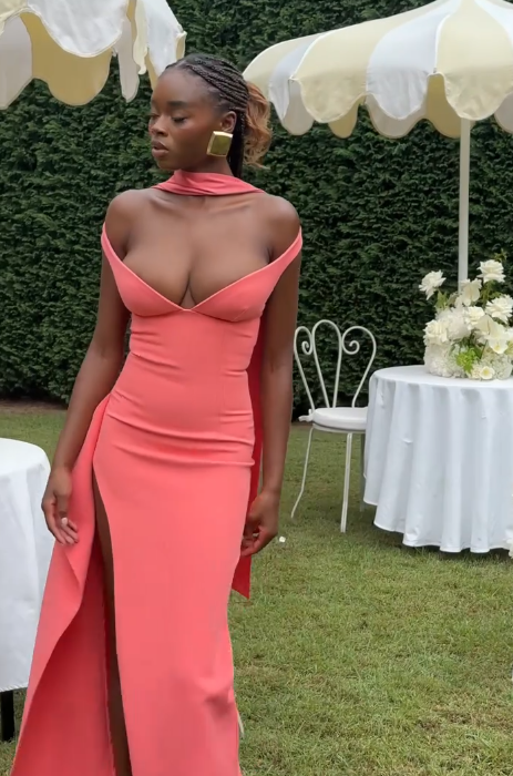 Elegant V Neck Coral Pink Side Slit Mermaid Long Wedding Guest Dress Party Dress