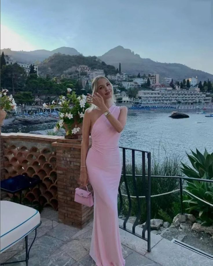 Pink One Shoulder Open Back Prom Dress Sheath Long Party Evening Gown