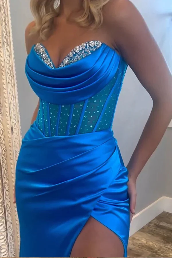 Gorgeous Mermaid Strapless Satin Beading Royal Blue Prom Dress Sexy Evening Dress