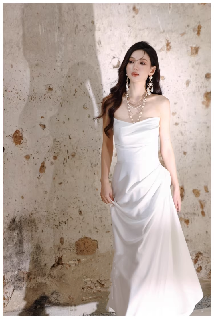 Charming Strapless Satin Pleated Mermaid Long Evening Dress White 19th Birthday Outfits