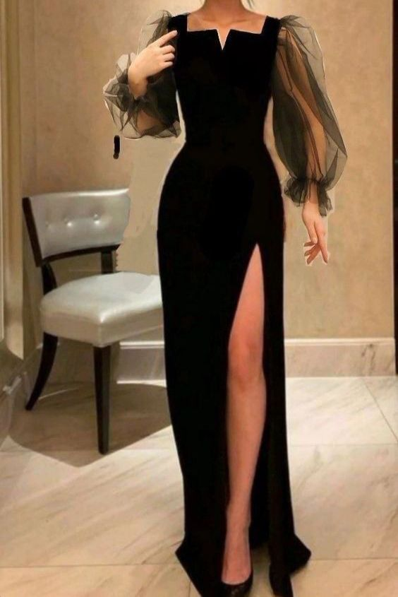 Elegant Black Sheath Long Sleeves Side Slit Long Prom Dress