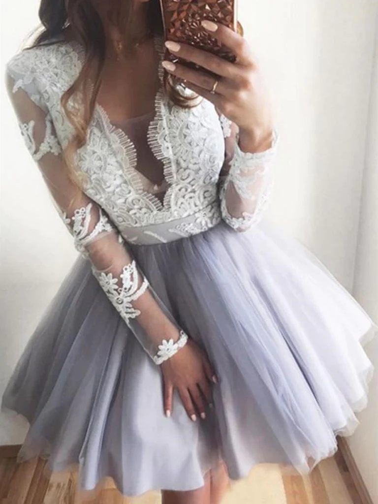 V Neck Short Gray Homecoming Dress with White Lace, Short Lace Formal Graduation Dresses