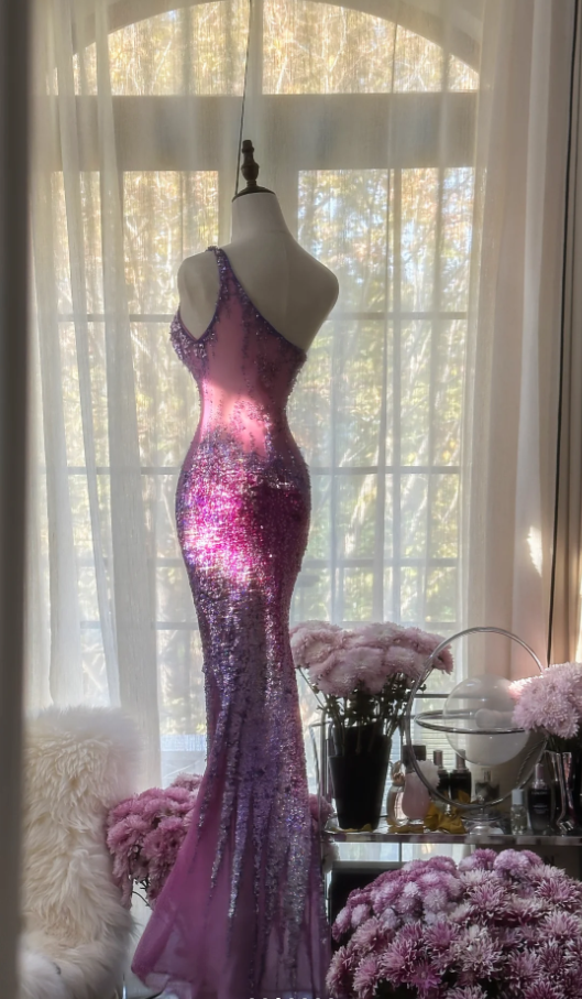 Glamorous Ombre Purple One Shoulder Chiffon Sequin Beaded Mermaid Long Evening Dress Birthday Party Dress