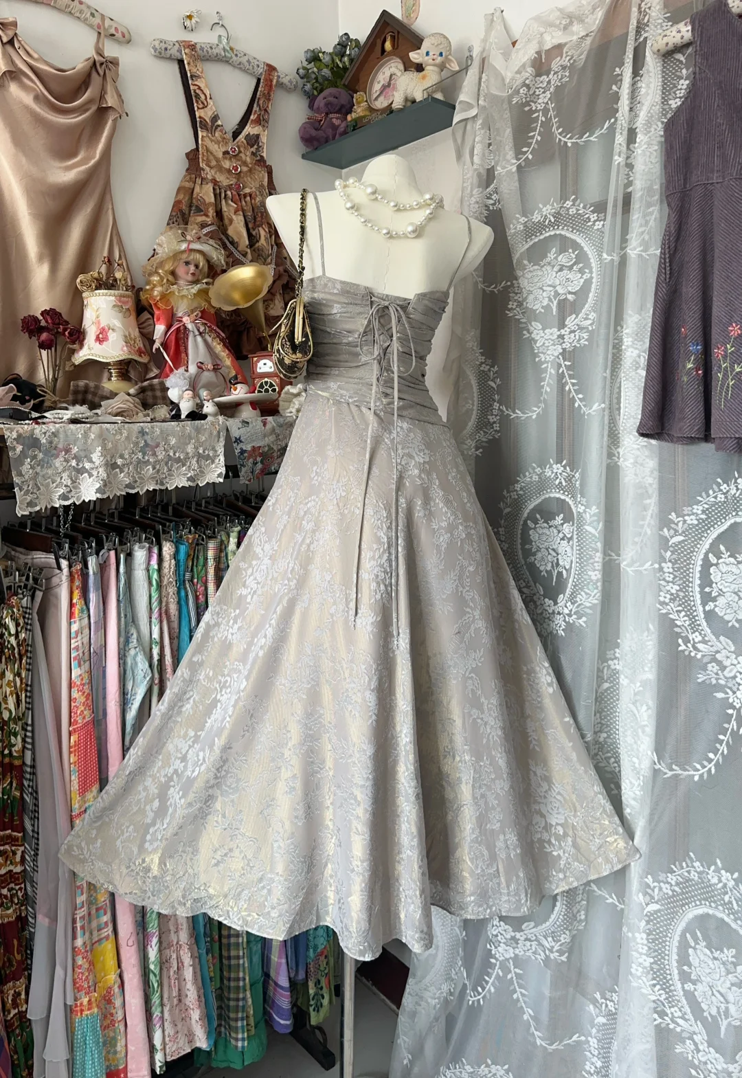 Vintage Spaghetti Straps Satin Print Floral Party Dress Birthday Dress