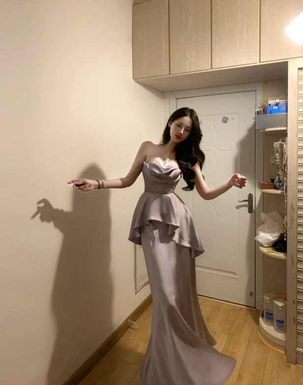 Stylish Strapless Purple Satin Mermaid Long Party Dress Formal Wedding Guest Dress