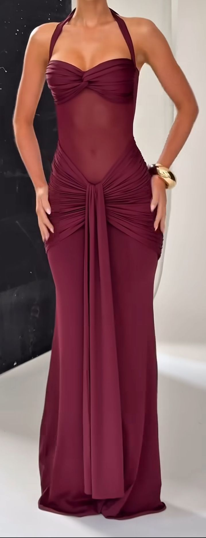 Classy Halter Burgundy Chiffon Pleated Mermaid Prom Dress Long Wedding Guest Dress