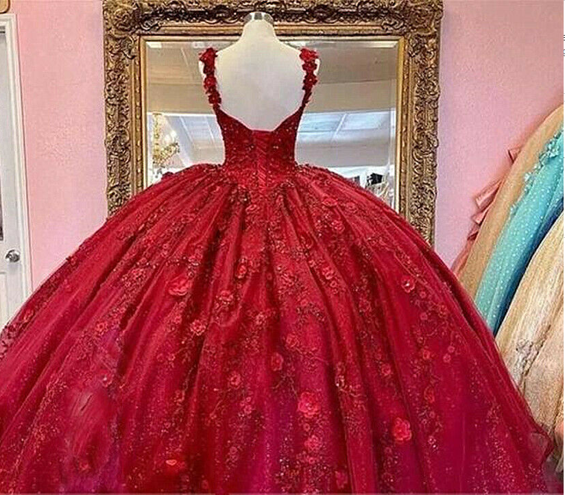 Red Quinceanera Dresses 3D Flowers Appliques Top Beaded Ball Gown Sweet 16 Dress