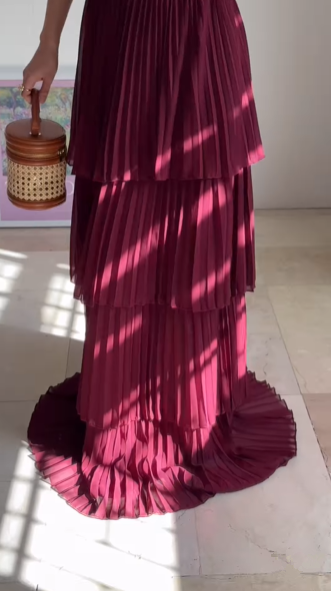 Vintage Burgundy Strapless Chiffon Layered A Line Prom Evening Dress,Long Party Dress