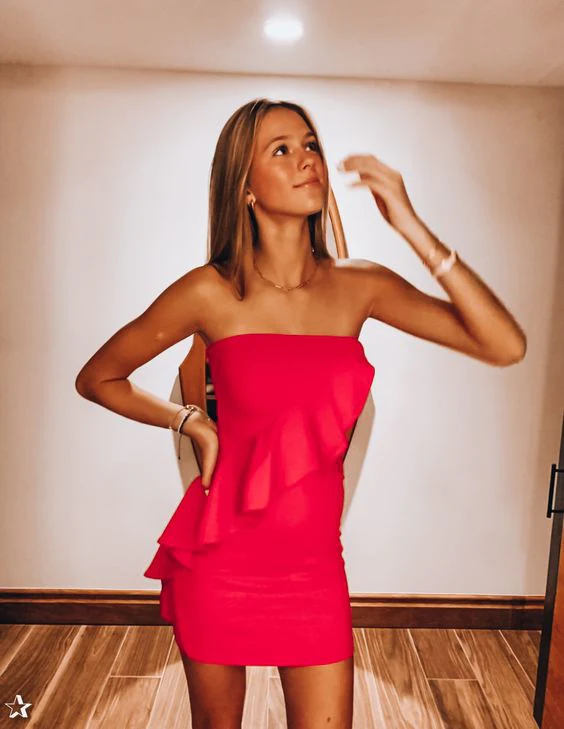 Hot Pink Strapless Tight Homecoming Dress